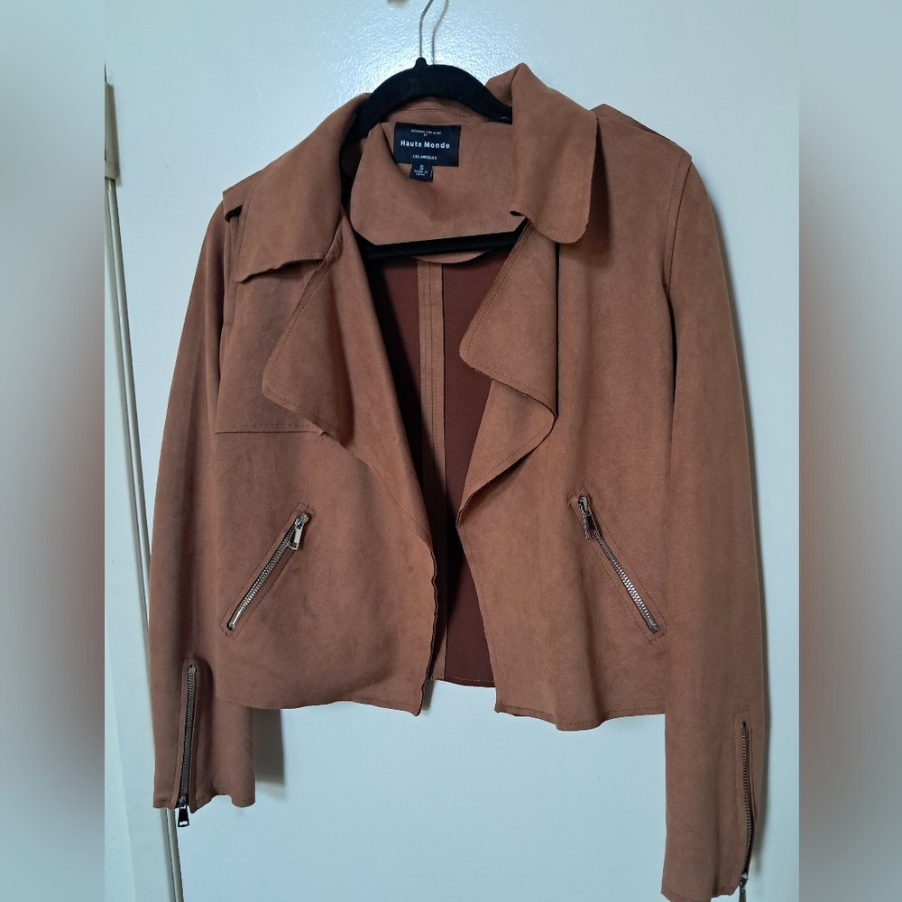 Brown Faux Suede Jacket with Zipper Details